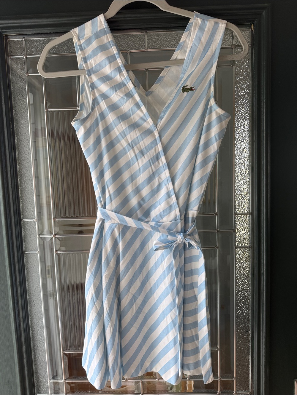 Iconic Vintage Lacoste Light Blue & White Diagonal Stripe Wrap Dress